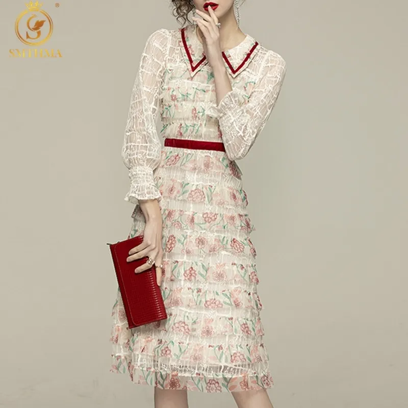 ファッションデザイナースプリングパーティードレスローブ女性長袖エレガントな花柄メッシュニーレングスドレス210520