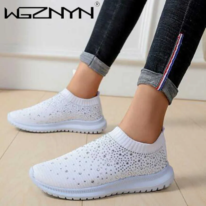 New Brand Women Flats Sneakers Crystal Fashion Bling Casual Slip on Sock Trainers Summer Autumn Walking Shoe Zapatillas Mujer Y0907