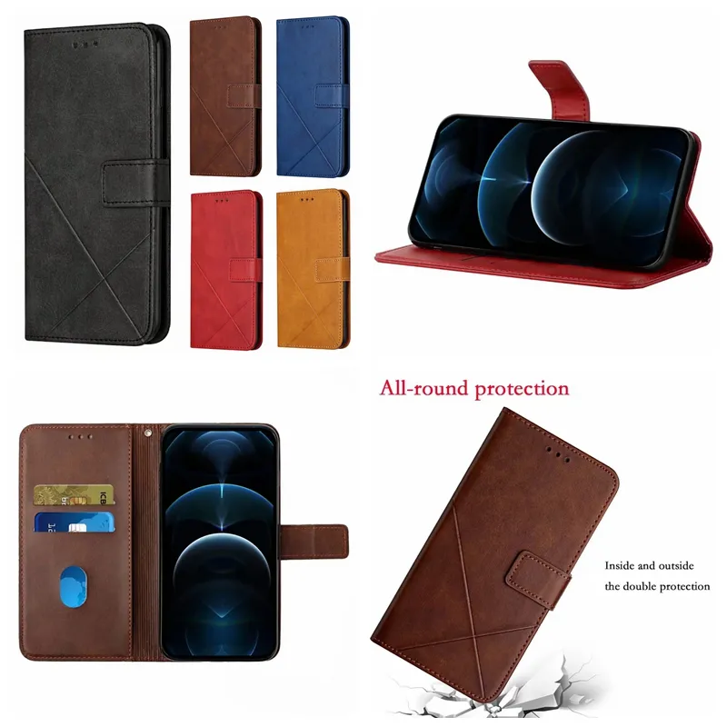 Lederen portefeuillevallen voor LG Stylo 7 4G 6 V60 5G K61 G9 K52 K42 K62 K22 Q92 K92 Mannen Geometrische Verticale Lijn Fashion Flip Card Magnetische Houder Flip Phone Cover Business Pouch