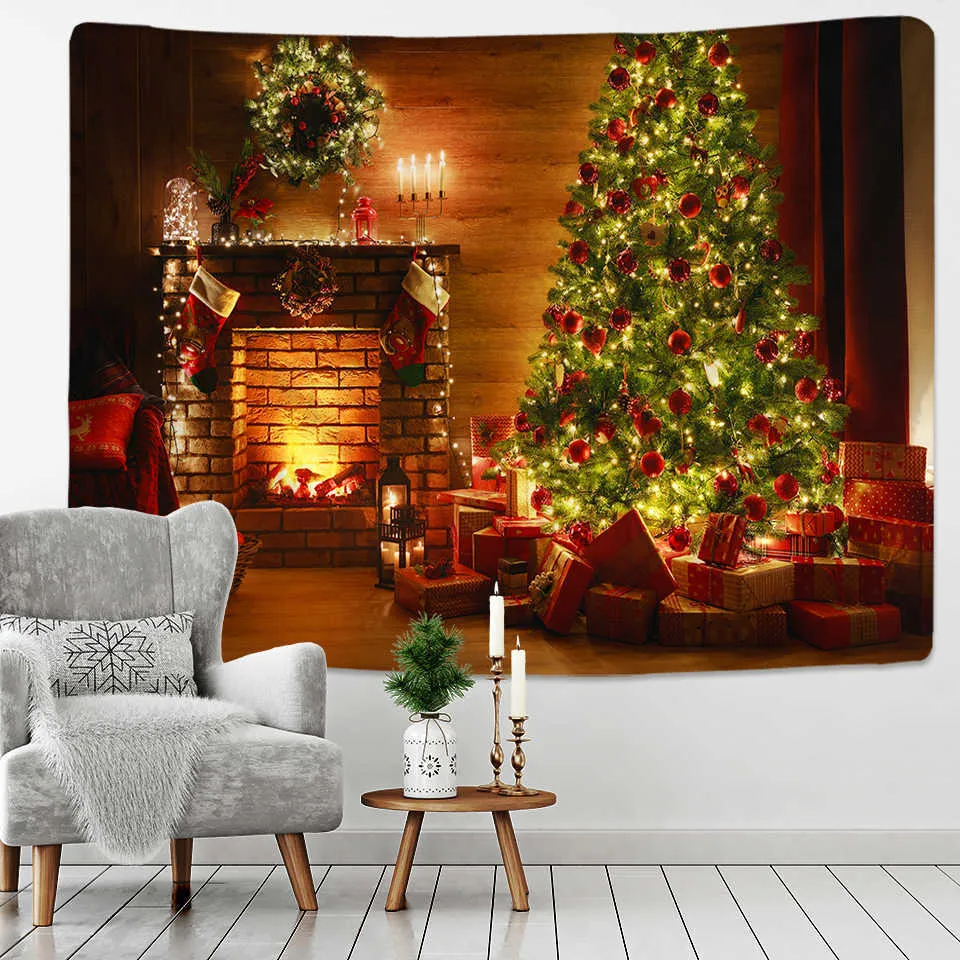 Christmas Tapestry Christmas Tree And Fireplace Warm Family Wall Hanging Backdrop Home Room Decoration Gift 210609