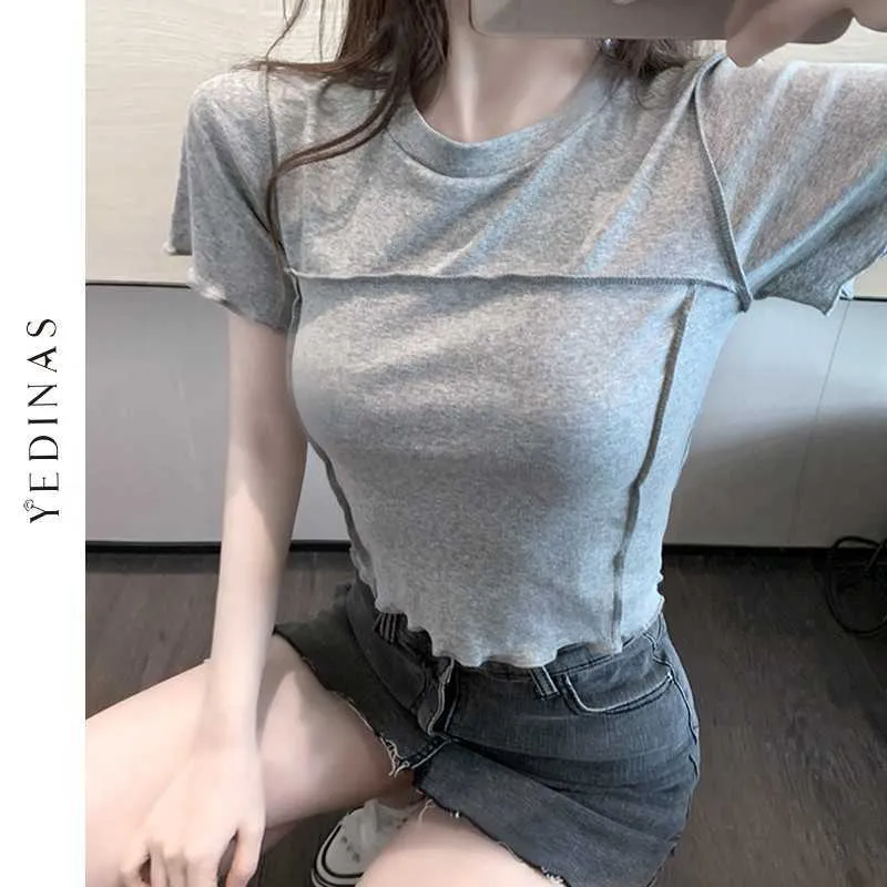 Yedinas Koreanischer Stil Rüschen Cropp Top Frauen Kurzarm Solide T-Shirts Designer 90er Jahre Streetwear Slim Sexy Casual T-Shirt Sommer 210527