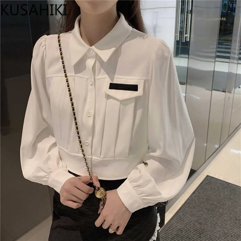 Witte korte blouses vrouwen bladerdeeg mouwen turn-down kraag shirt lente elegante Koreaanse blusas feminimo's 6F467 210603