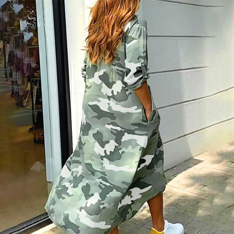 Camouflage Print Cekiny Pocket Design Maxi Sukienka Kobiety Asymetryczne Dorywczo Osobowość Sukienki Lato Pół Rękaw Odzież Y0603