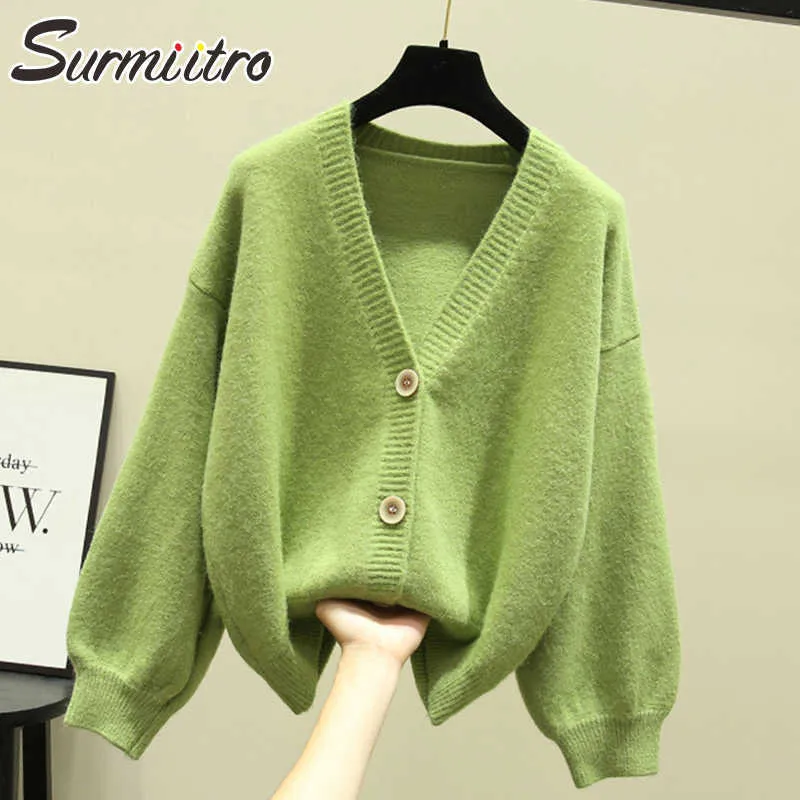 SURMIITRO Oversized Cardigan Women Autumn Winter V Neck Long Sleeve Sweater Female Knitted Jacket Coat Green Pink Knitwear 210712