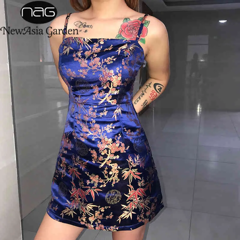 Newasia 중국 스타일 섹시한 새틴 드레스 여성 자카드 묶인 여름 파티 드레스 백리스 미니 드레스 우아한 복장 Vestidos 210413