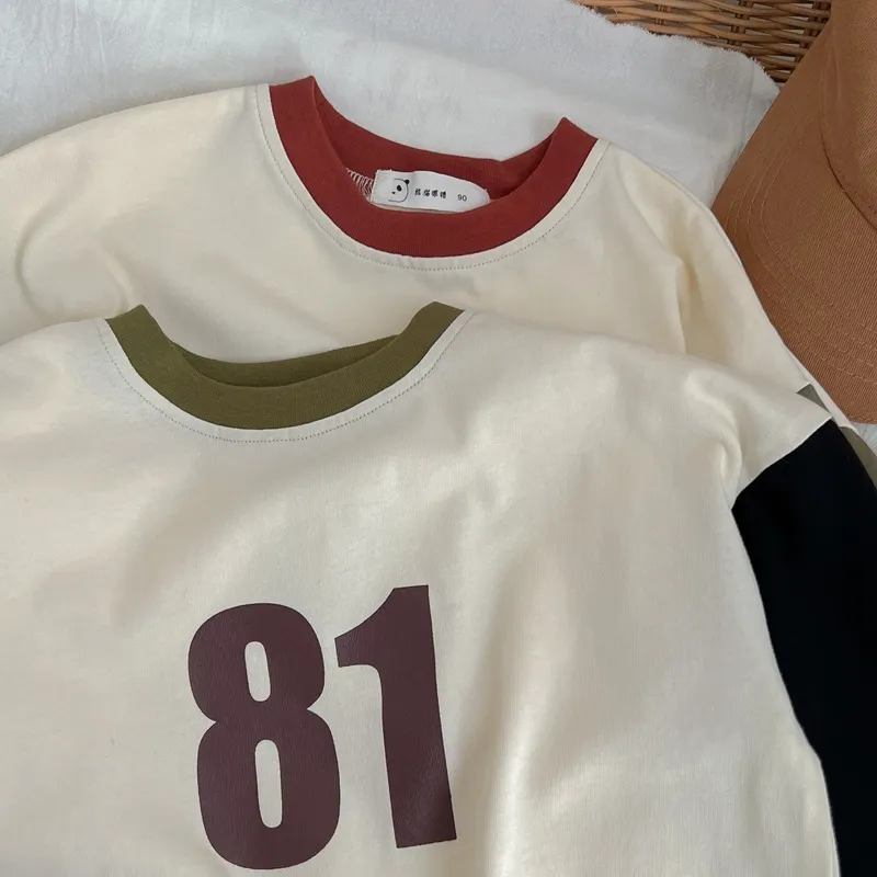 Koreański Casual Cotton Koszulki Koszulki Dzieci Odzież Dla Chłopców Dziewczęta Drukowanie Cyfrowe Kolor Dopasowywanie Tops Moda Ubrania