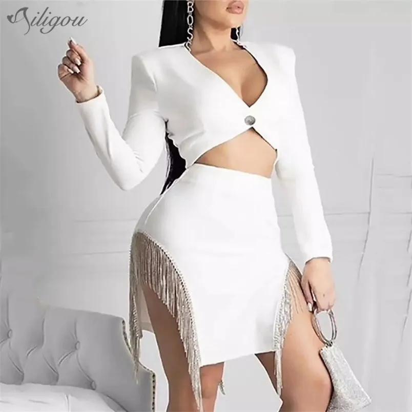 Summer Style Ladies Sexy Long Sleeve V-neck Tassel White Two Piece Bandage Set Celebrity Designer Fashion 210525