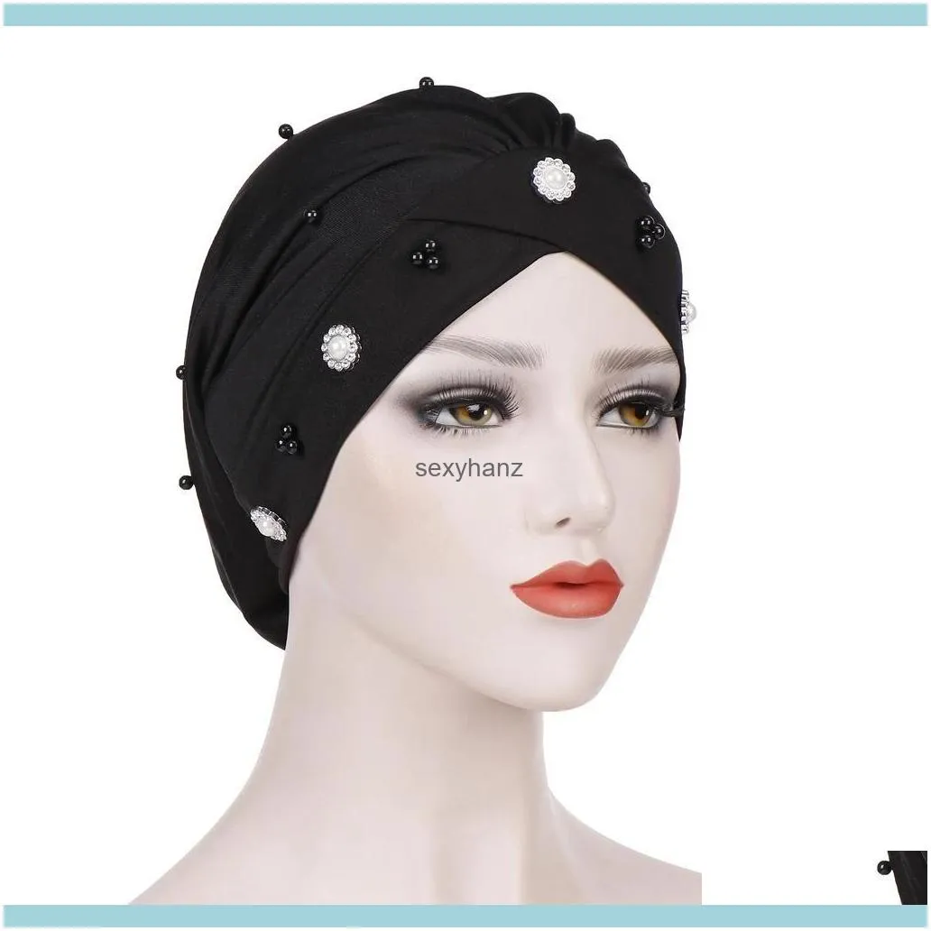 New Women Muslim Beads Cancer Cap Hat Bonnet Turban Headscarf Wrap Cap Hair Loss Elastic Skullies Beanies Arab Cover Fashion