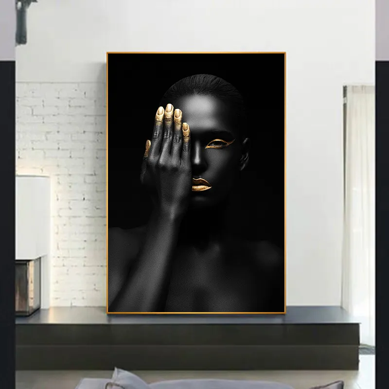 Sexy donna africana in oro nero immagini stampe su tela pittura decorativa arte della parete per soggiorno poster senza cornice