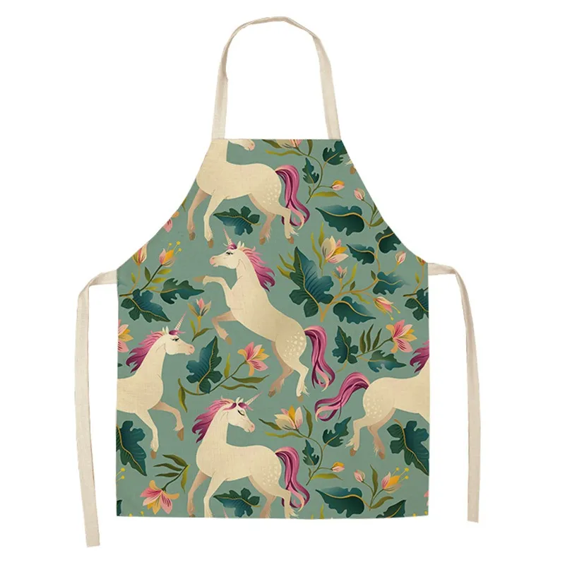 Female Sleeveless Cartoon Unicorn Apron Cotton And Hemp Pinafore Floral Prints Cooking Aprons For Home Kitchen Popular Creative 7 5my J1