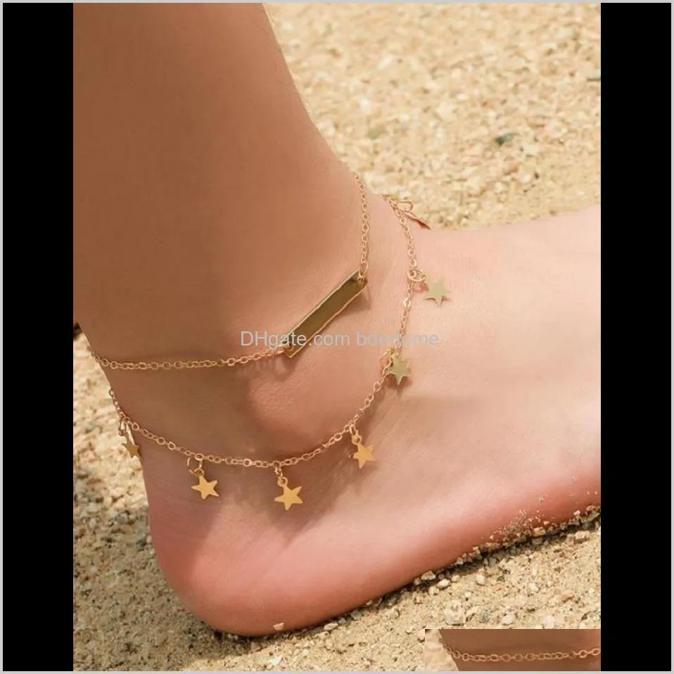 two layer anklet square bar charm and stars pendant gold silver plated metal chain extend chain lobster clasp
