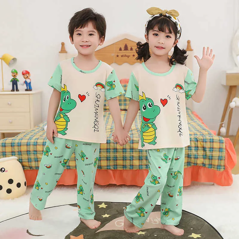 Летние дети пижама набор для девочек милые спящие одежды 6 8 10 12 лет мультфильм дети мальчики хлопок пижамы с динозавром оптом 210908