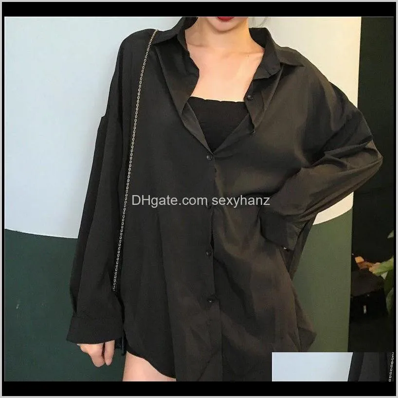women blouses chiffon shirts long sleeve spring black loose all-match fashion tops chic womens students casual simple