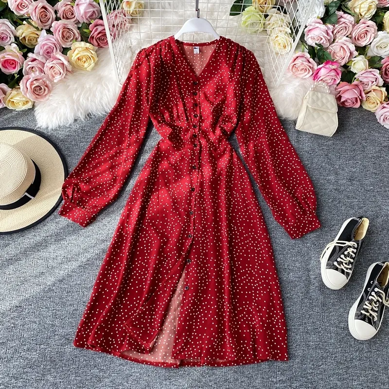 Koreanskt Röd Elegant Sexig Klänning Kvinnor Höst Vintage V-Neck Polka Dot Midi Dress Waist Split Vestidos de Fiesta Kläder 210420