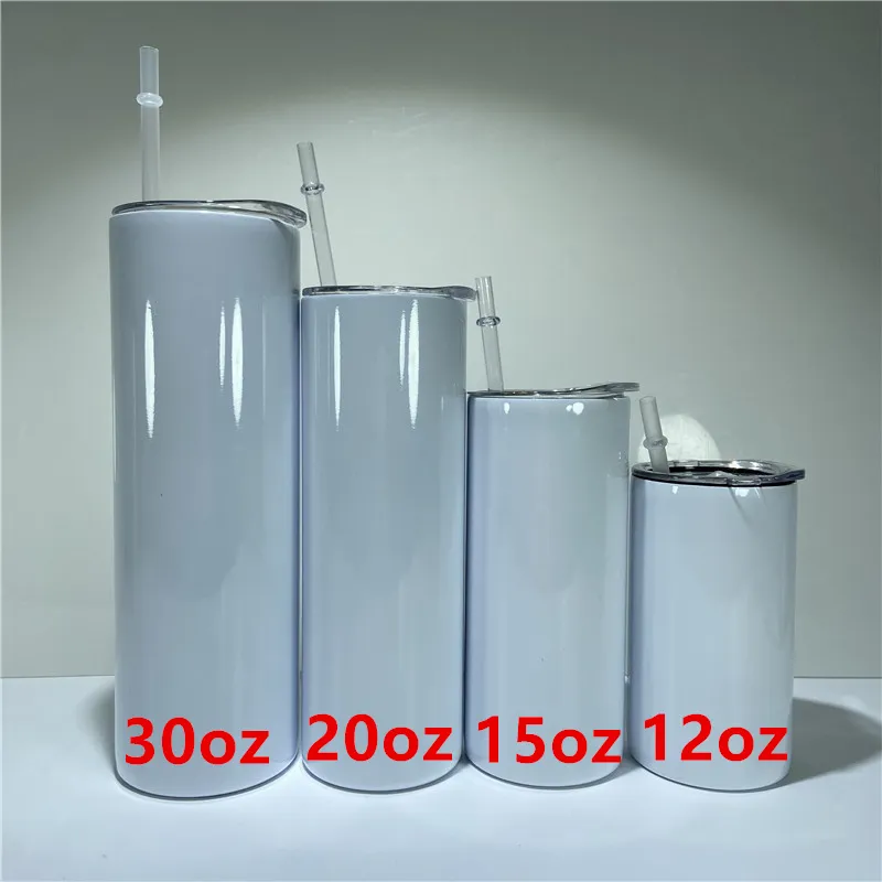 30 oz 20 oz 15 oz 12 oz Sublimación Vasos rectos delgados Botellas de agua de acero inoxidable en blanco blanco Tazas de transferencia de calor con doble aislamiento Vasos Tazas A12