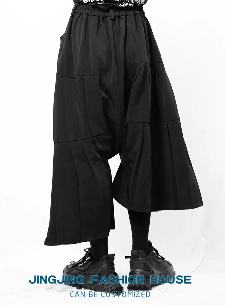 Men's Pants S-6XL!!2021 Casual Trousers Wide Leg Culottes Irregular Asymmetric Black Pleated Loose Flared Halon