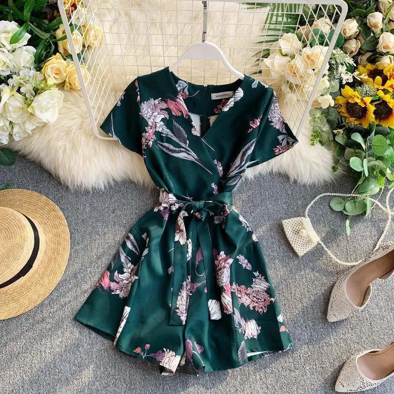 Женские комбинезоны Rompers Vintage Boho Slim Floral Print 2021 V Sce Checksuit Повседневная сексуальные Женщины Bandage Короткий Летний Площадь Пляж Холида