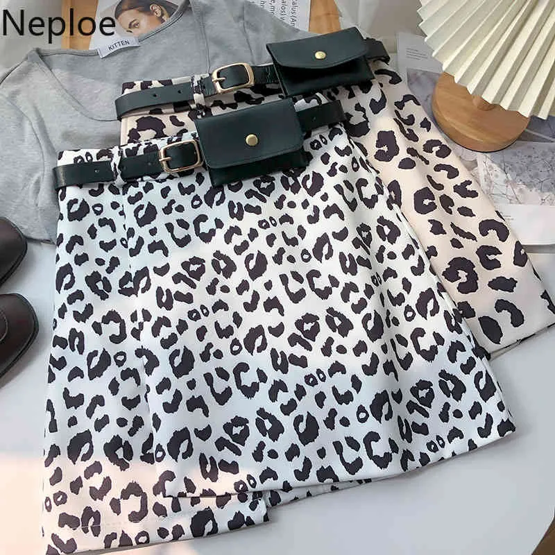 Neploe Sommer Minirock Frauen Koreanische Mode Leopard Print Faldas Bodycon Hohe Taille A-linie Halblange Jupe mit Gürtel 210422