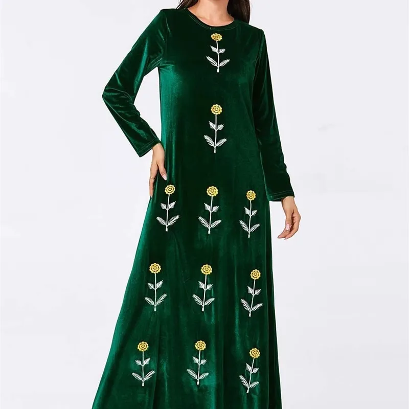 9142 Wygodne Duże Damska Zielona Roślina Haftowana Z Długim Rękawem Okrągły Neck Arab Casual Golden Velvet Dress