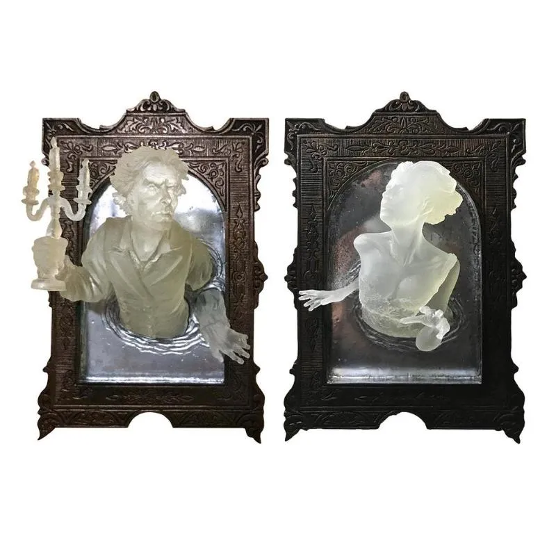 Party Decoration Halloween Ghost In The Mirror Resin Luminous Frame Ornaments Woman Coming Out Of Wall