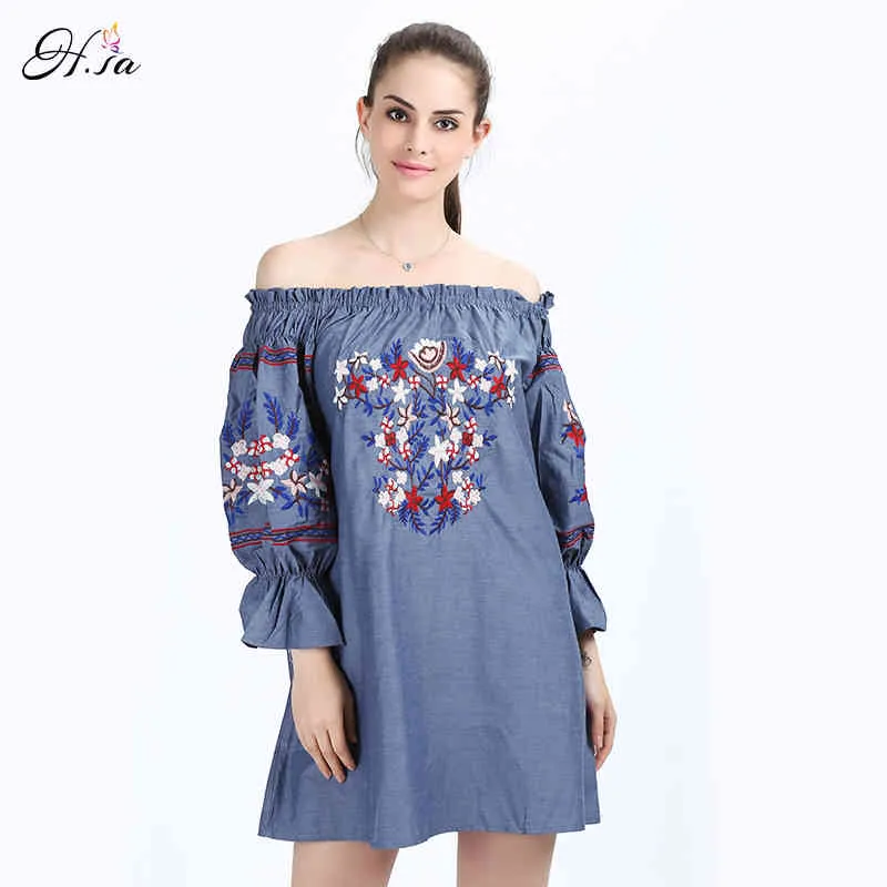H.SA Women Embroidery Summer Off the Shoulder Sexy Party Vestidos Robe Mujer Vintage Embroidered Shirt Dress 210417