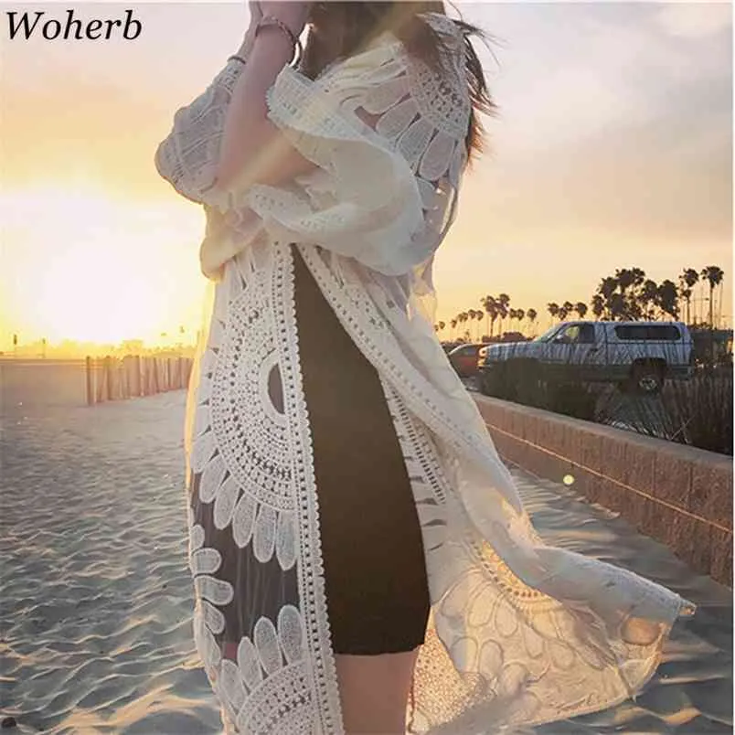 Zonbescherming Kleding Strand Cardigan Kant Hollow Losse Lange Sjaal Blouse Dames Zomer Elegante Kimono Vesten 210519