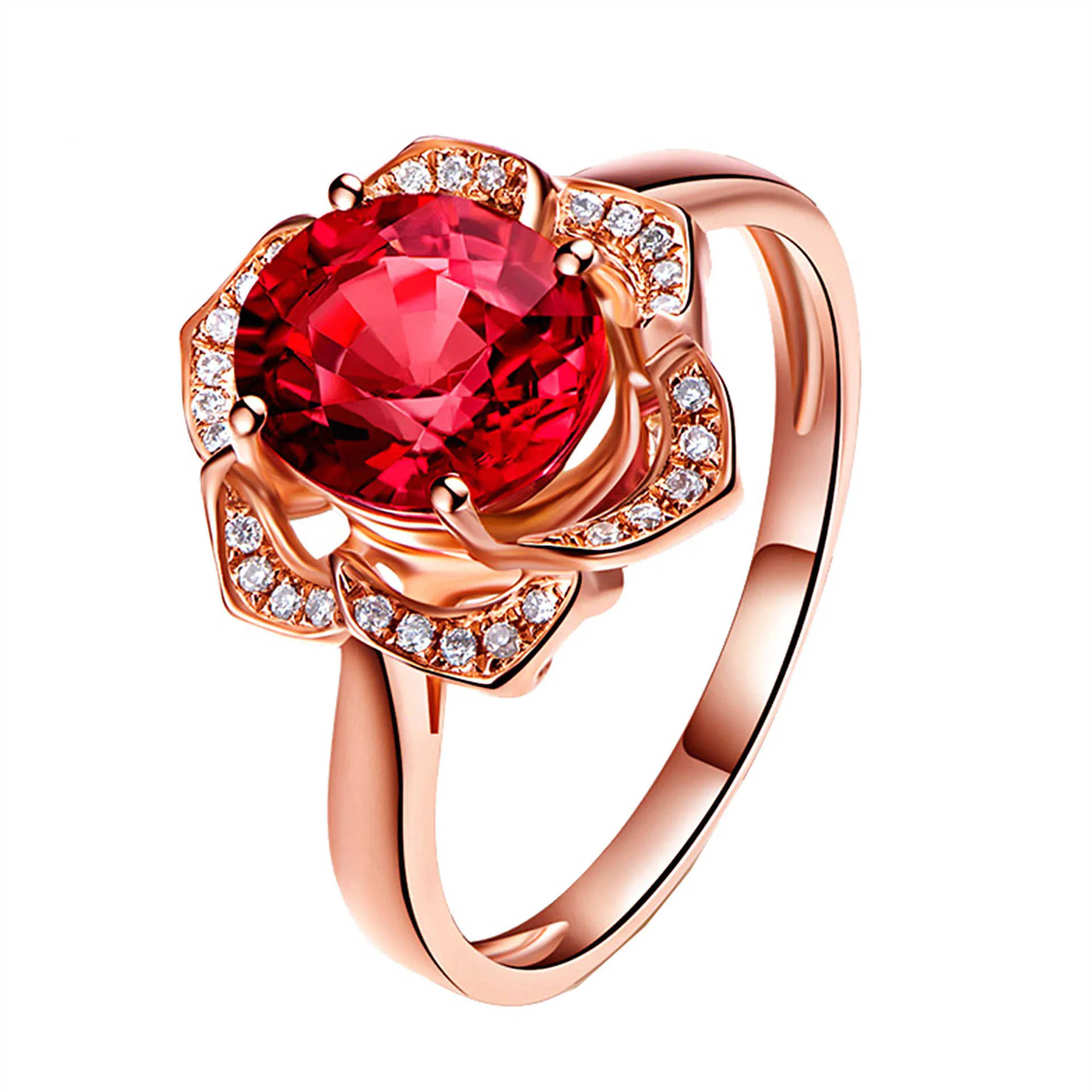 Damskie pierścienie Kryształ Natural Red Women Pierścień Grupa Plated Rose 18k Gold Flower Lady Cluster Style Band