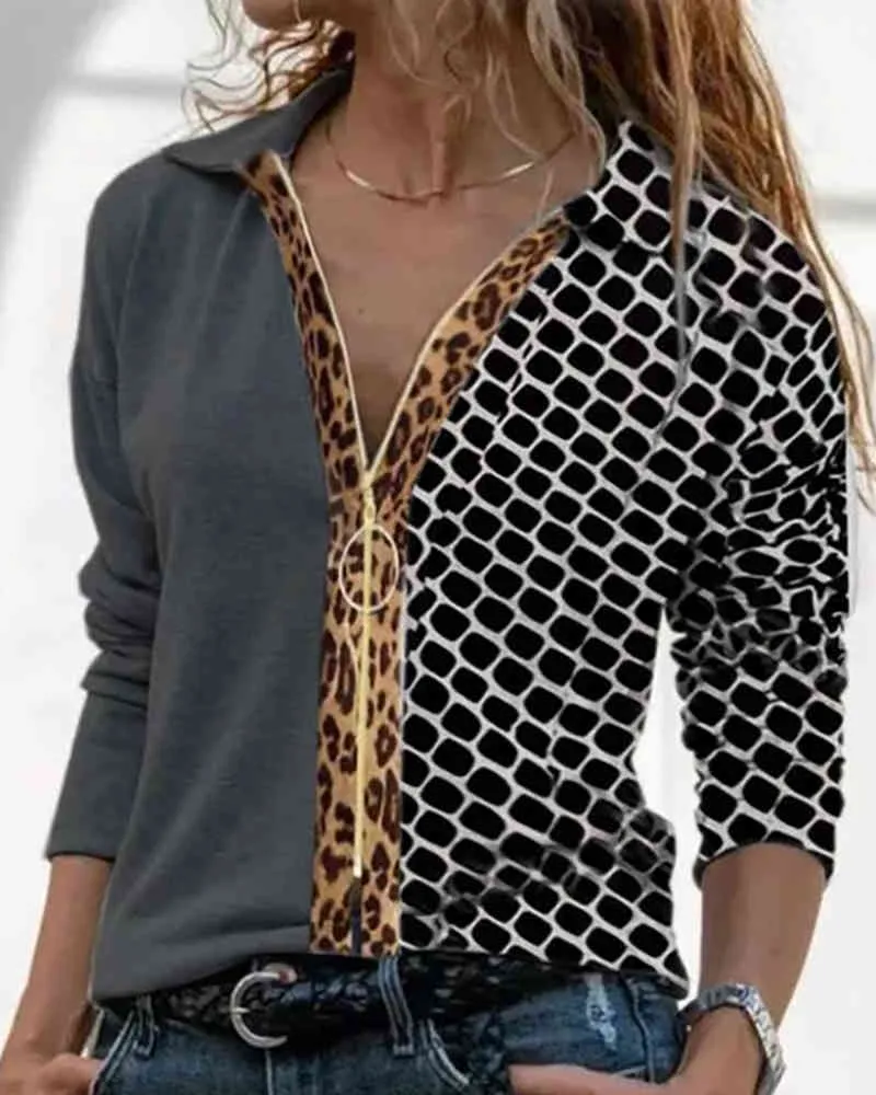 Wiosna Eleganckie Kobiety Z Długim Rękawem Gepard Drukuj Koloroblock Zip Top Bluzka Stroje robocze Femme Abstrakcyjne Drukuj Moda Odzież 210415