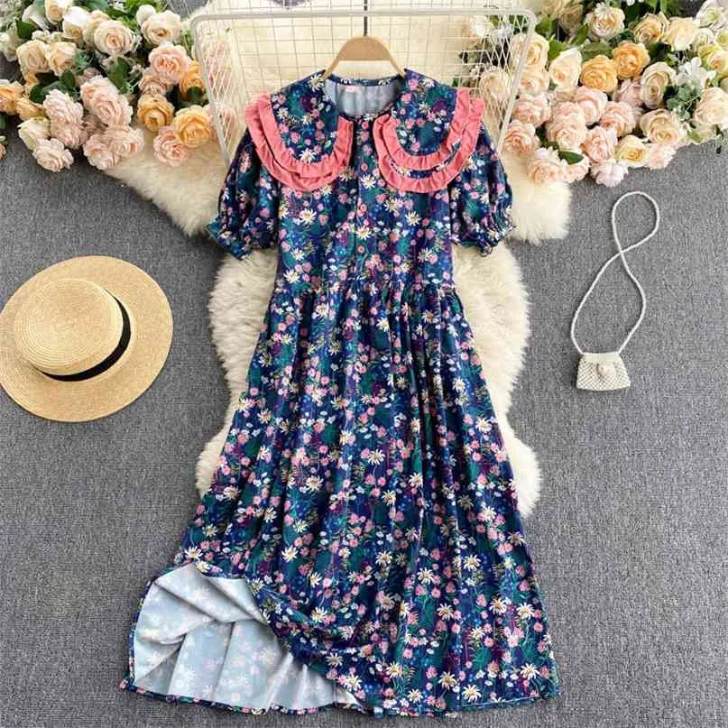 Korea Sweet Women Fashion Wood Ear Double-layered Large Short Sleeve Loose Flower Print Dress Vestidos De Mujer S123 210527