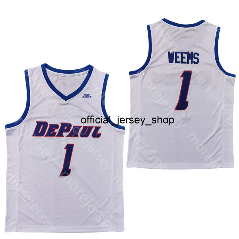 2020 Nova Depaul Azul Demônios De Basquete Jersey NCAA College 1 Romeo Weems White Todos Costurado e Bordado Homens Tamanho da Juventude