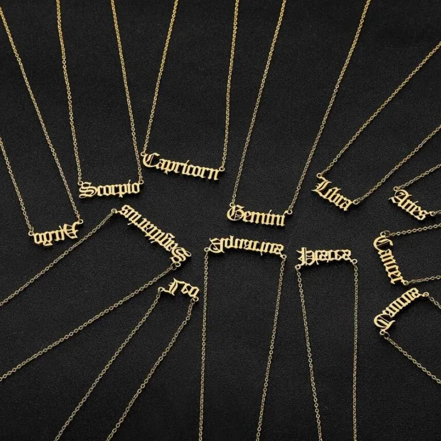 Gold Silver Stainless Steel Star Zodiac Sign Neckless 12 Constellation English alphabet Pendant Necklace Women Gold Chain Necklace Men Jewelry gift