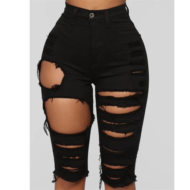 Zerrissene Denim-Shorts für Damen, Sommer, hohe Taille, Loch, zerstörte Jeans, kurze schwarze, figurbetonte Jeans 210719