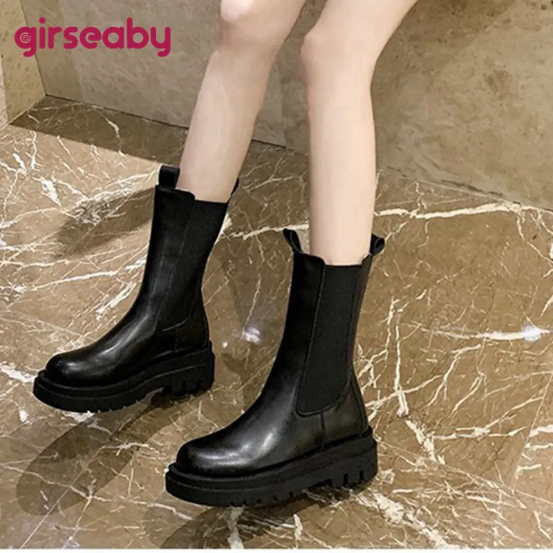 Chelsea-Stiefel für Damen in der Mitte der Wade, 5 cm Absatz, INS, gemütliche Designer-Slip-On-Plattform mit dicken Sohlen, britischer Winter-Frühling