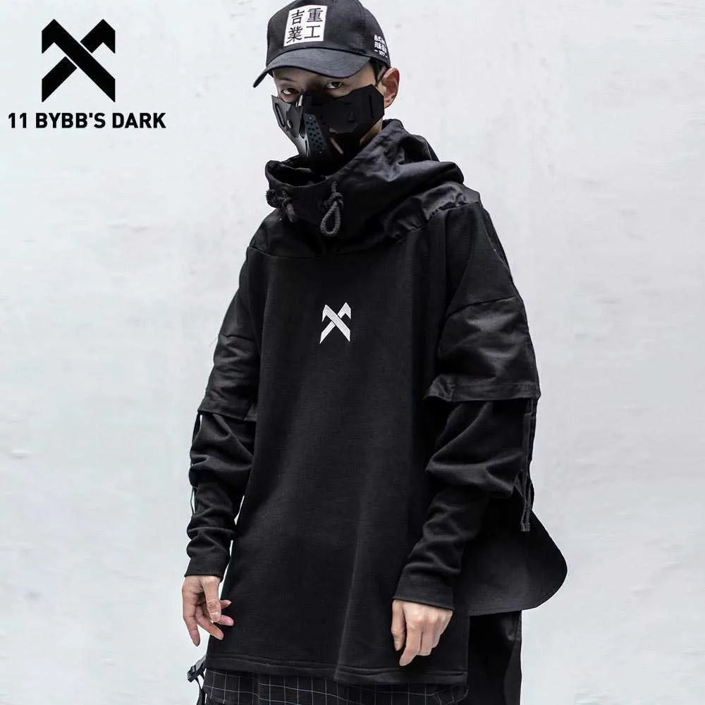 11 bybb의 어두운 일본가복 남자 후드 힙합 수 놓은 풀오버 패치 워크 가짜 2 개의 암흑 탑 Techwear Hoodies 210715