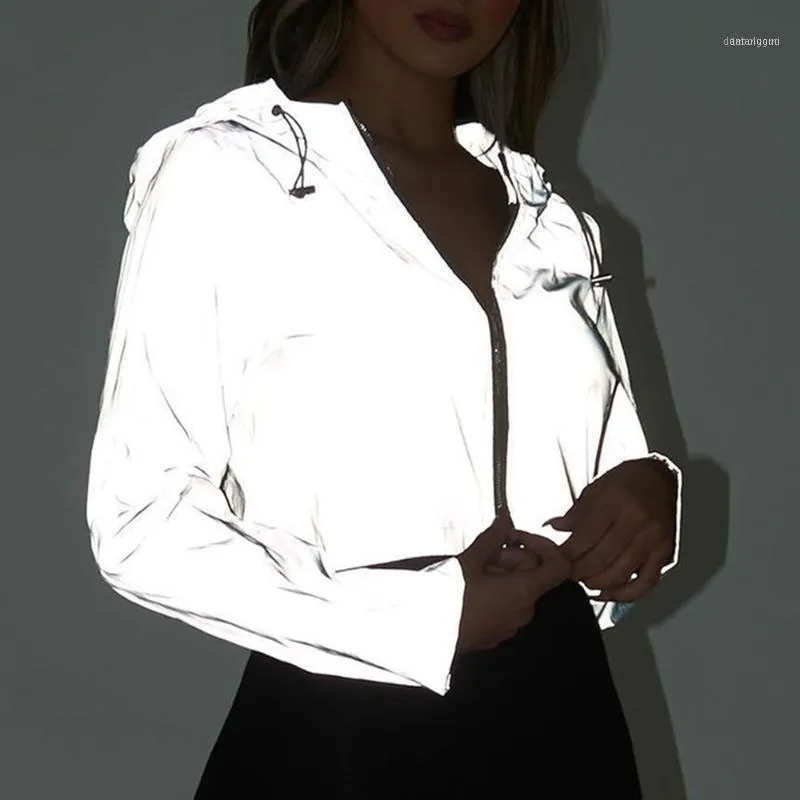 MoneRffi 2021 Autumn Reflective Female Jacket Casual Sport Hooded Short Coat Women Crop Top Casaco Feminino Manteau Femme1