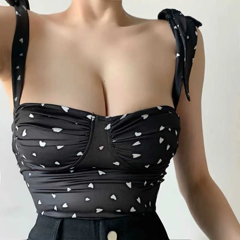 Summer fashion Vintage off shoulder sleeveless top women's low chest sexy bow Halter vest wave point girl's sense 210604