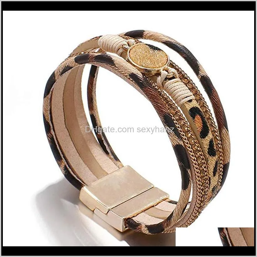 leopard print leather bracelet geometric multilayer design wide alloy magnetic buckle bracelet women vintage fashion jewelery