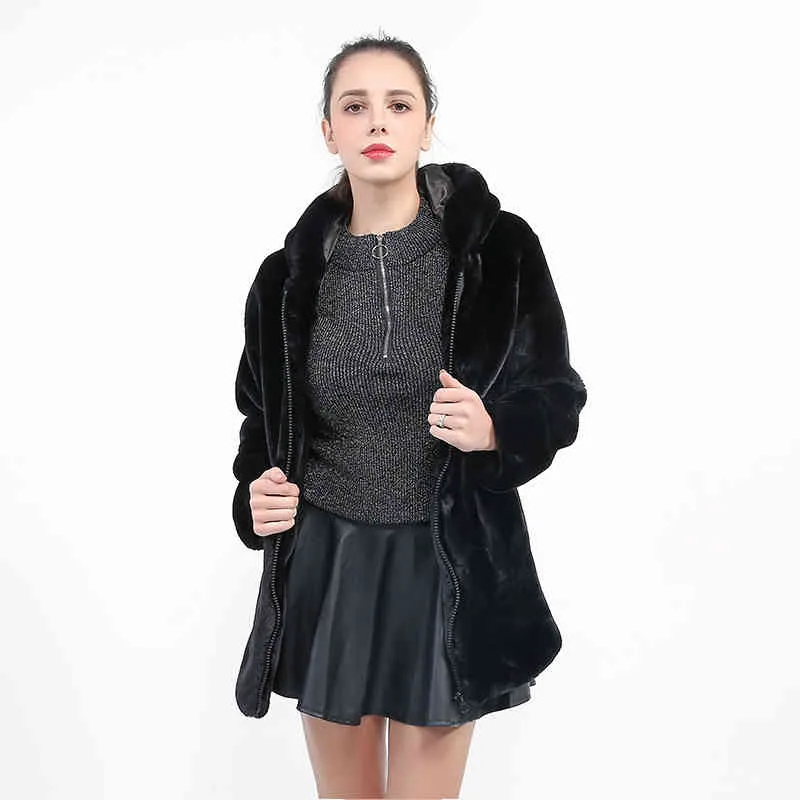 Koreańska talia zamykająca czarna imitacja futro norek futro królik płaszcz bawełniany płaszcz średniej długości kobiety nosić 211213