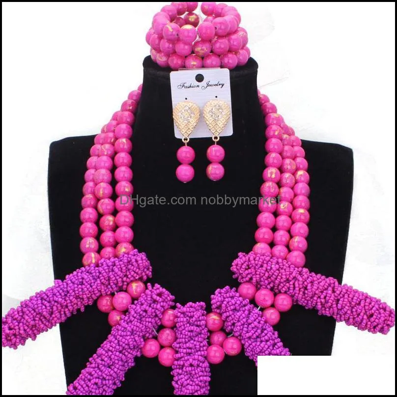 Earrings & Necklace Dudo Beads Jewelry Set African Purple Beaded Handmade Nature Stone Nigeria Jewellery