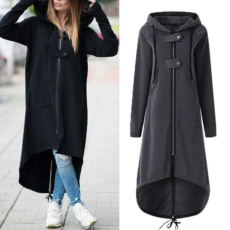 Wiosna Długi Styl Damska Zipper Płaszcz Bluza Z Kapturem Zip Up Kurtka Topy Sztrukoloy Z Długim Rękawem Osobowości Ulica Strzał Hoodie X0629