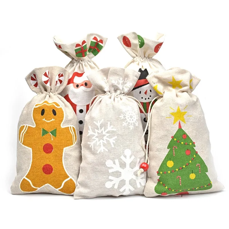 Sacchetto regalo di Natale Tasche con coulisse in lino 13 * 23 cm Fiocco di neve di cartone animato Borsa per caramelle di Halloween Tasca con coulisse in tela
