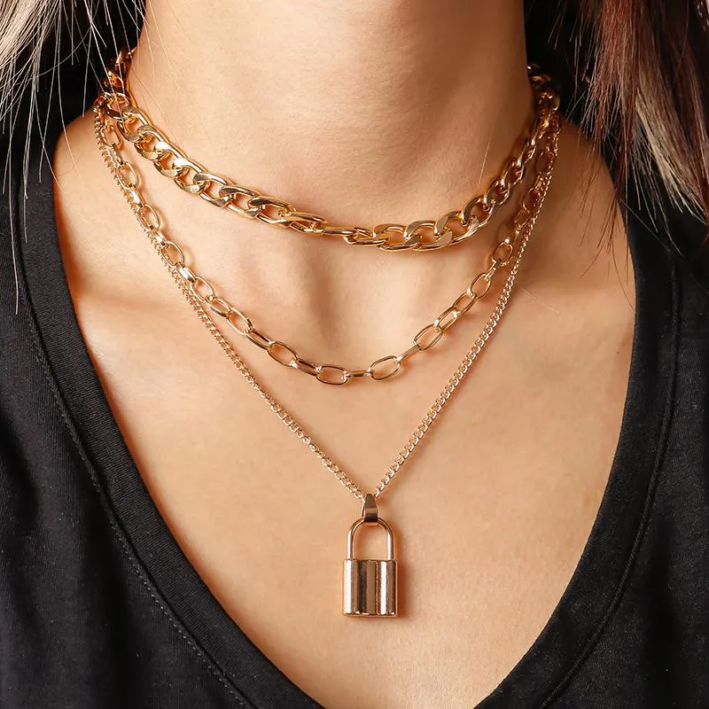 Pendant Necklaces Punk Metal Lock Pendants For Women Gold Silver Color Multi-Layer Chain Necklace Hiphop Rock Party Jewelry Accessories