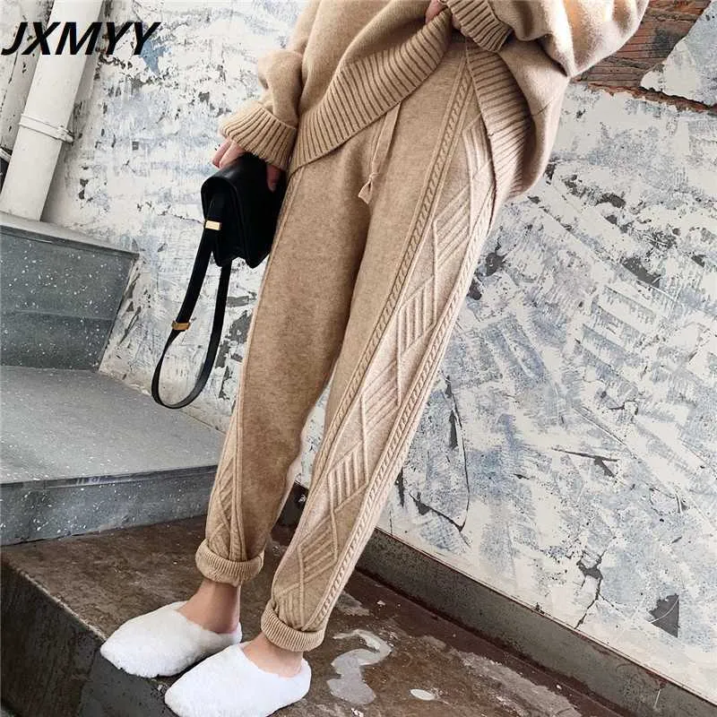 JXMYY Winter Thicken Women Harem Pants Casual Drawstring Twisted Knitted Pants Femme Chic Warm Female Sweater Trousers 211006