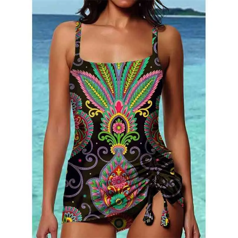 Women Swimwear Print Bandage Swimsuit Backless Bathing Suit Bodysuit Beachwear Swim Monokini Conservative Swimming Girl 210625