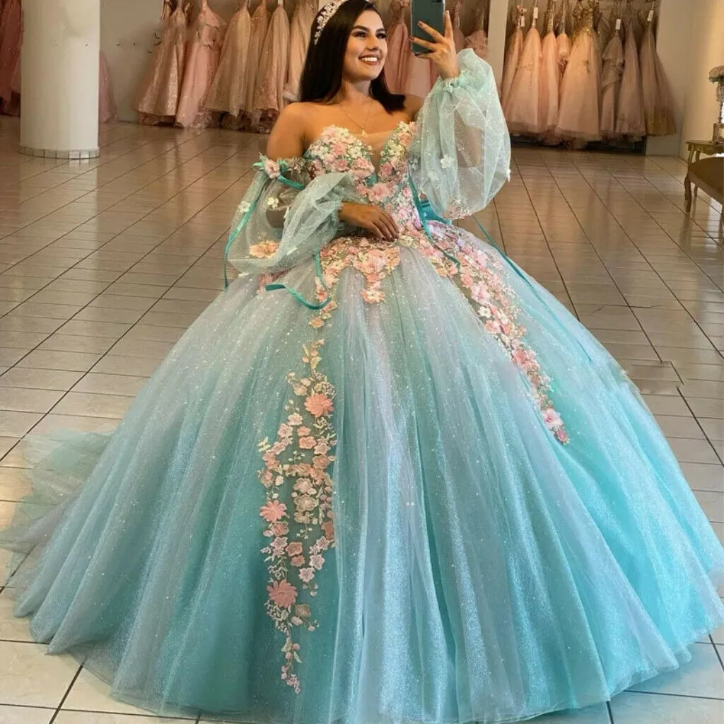 2022 Abiti da Ballo Abiti Quinceanera Cenerentola con Spalle Scoperte Fiori 3D Cospllay Abito da Ballo Formale Dolce 16 Abito Masquerade