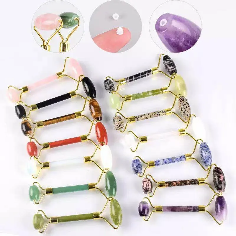 Partihandel ansikte jade roller med silikon kepsar inget brus naturlig Aventurine Rose Quartz ansiktsrullar Massage Eye Neck Beauty Healing Health Care Massager