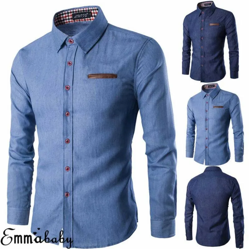 Mäns Casual Shirts Denim Shirt Solid Färg Långärmad Slim Fit Button Down Tops Male Luxury Formal Spring Fall