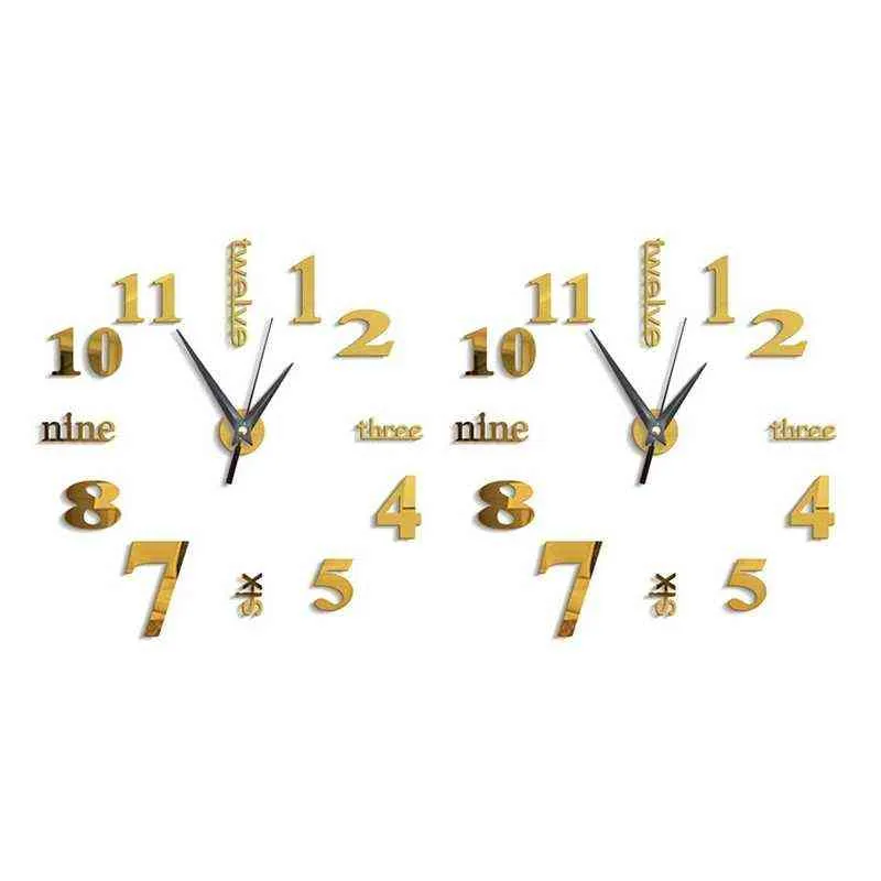 2X 3D Reloj de pared grande pegatina de espejo reloj grande pegatina decoración del hogar regalo único DIY oro H1230