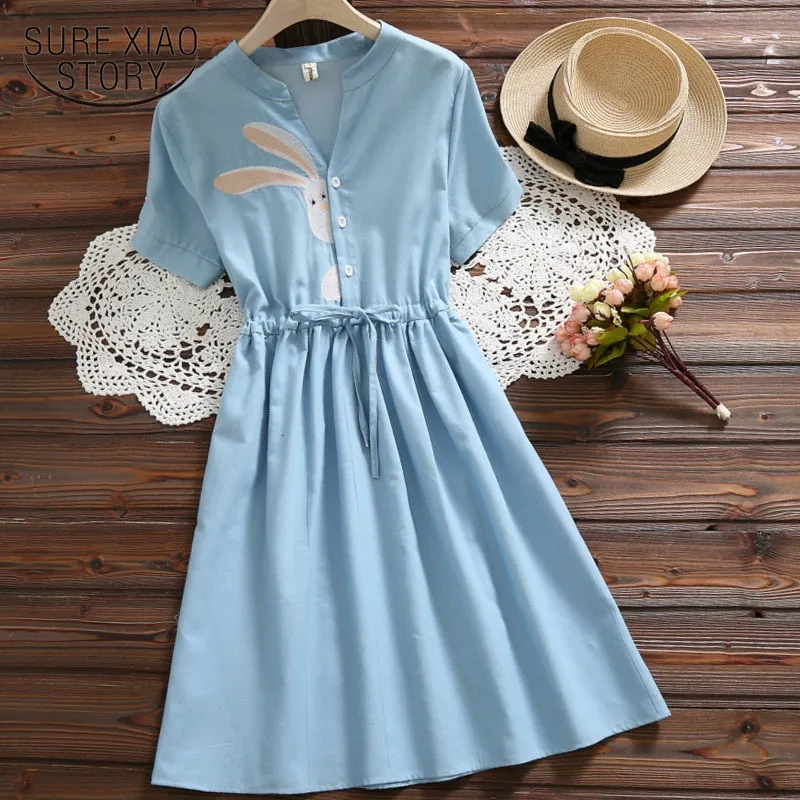 summer clothes for women Rabbit Embroidery V-neck Drawstring Blue Femininos Vestidos Short Sleeve Elegant Dress 4618 50 210417