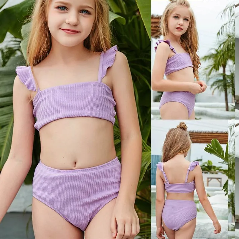 2021 Girls' Solid Color Ruffle Two-Piece Swimwear Set - Cute Kids Bikini  Bathing Suit for Holiday